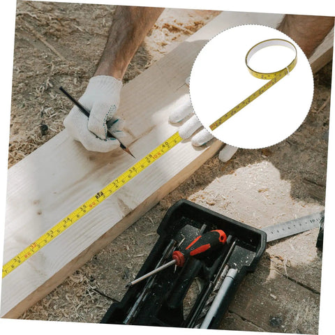 No Sweat Self Adhesive Measuring Ruler Tape 2 Pack For Industrial Workbenches And Cutting Tables Spot On Stick On Marking Strips For Real Deal Woodworking And Weekend Projects being used on a wooden plank.
