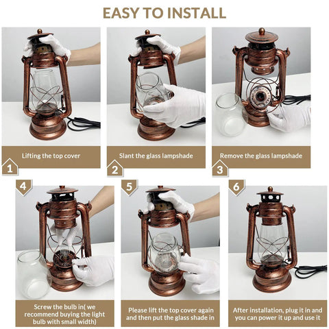 Step-by-step assembly of Industrial Rustic Lantern Table Lamp With Old Fashioned Oil Lamp Vibe, demonstrating installation process.