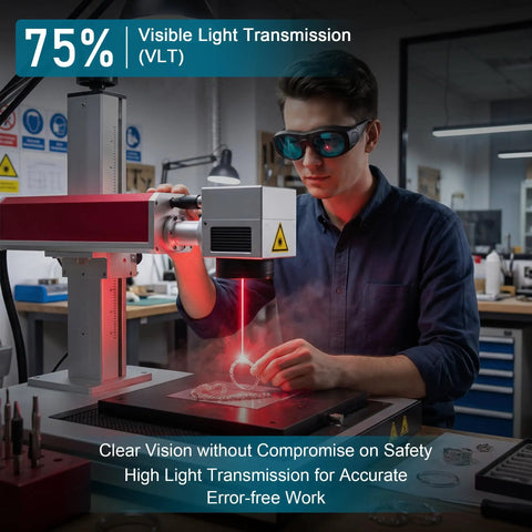 Kickass Laser Safety Glasses Deliver Straight Up OD7 Shielding For YAG And Module Infrared Beams Within The 680 To 1100NM Range Plus Cold Light Eye Protection worn by a user in a workshop.