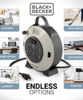25 Ft Retractable Extension Cord Reel With 4 Outlets, 2 USB Ports, Multi Plug, On Off Switch, shown with household uses