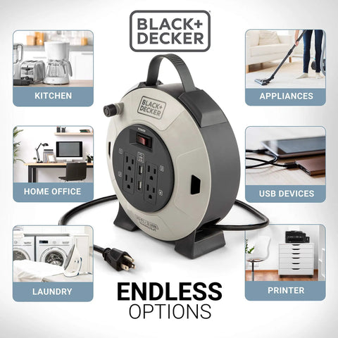 25 Ft Retractable Extension Cord Reel With 4 Outlets, 2 USB Ports, Multi Plug, On Off Switch, shown with household uses