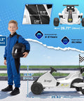 12V Kids Electric Drift Go Kart For Ages 4 And Up With Music And LED Lights Swivel Rear Wheels Adjustable Seat Belt Outdoor Ride On Toy For Boys And Girls White Finish Safe Speed Around 4.9 MPH shown with dimensions and child driver.