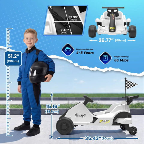 12V Kids Electric Drift Go Kart For Ages 4 And Up With Music And LED Lights Swivel Rear Wheels Adjustable Seat Belt Outdoor Ride On Toy For Boys And Girls White Finish Safe Speed Around 4.9 MPH shown with dimensions and child driver.