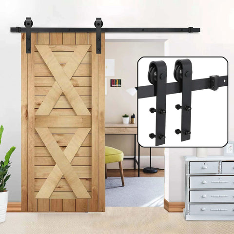 Heavy Duty Sliding Barn Door Hardware Kit With Hangers And Track Includes Two 3.3 Ft Tracks Black Carbon Steel 200 Lb Load Capacity Smooth And Quiet Roller System J Shape Rollers Ideal For Barns Closets And Garages installed on wooden door
