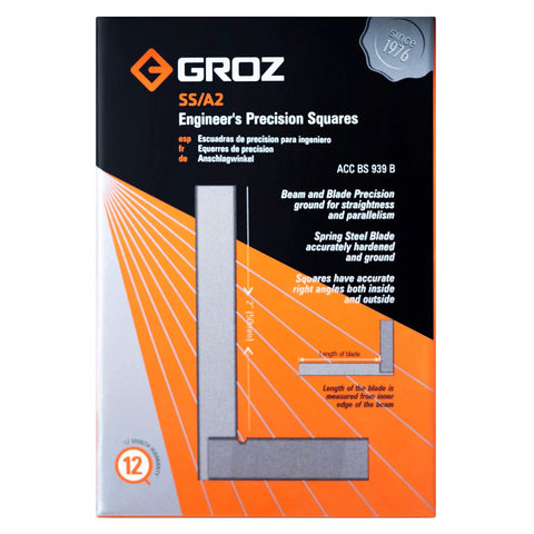 Groz 2-inch precision steel square on black and orange packaging.