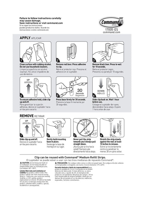 Instructions for applying and removing Medium White Spring Clip With Three Strips For Damage Free Hanging, showing step-by-step guide.