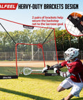 Ultra Large 14x10 Ft Lacrosse Backstop Net For Shooting Practice Extra Coverage To Stop Missed Shots with player practicing