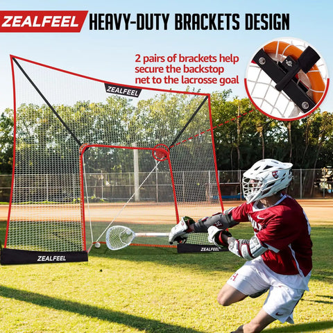 Ultra Large 14x10 Ft Lacrosse Backstop Net For Shooting Practice Extra Coverage To Stop Missed Shots with player practicing
