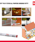 Fix It Multi Purpose Epoxy Putty 4 Oz for quick leak sealing and pipe repairs in various materials, diagram of applications in house.