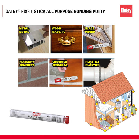 Fix It Multi Purpose Epoxy Putty 4 Oz for quick leak sealing and pipe repairs in various materials, diagram of applications in house.