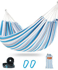Double Brazilian Cotton Hammock Portable Outdoor Camping Hammock With Tree Straps Travel Bag For Backyard Patio Poolside Indoor 550 Pounds Capacity Blue And Light Gray with accessories