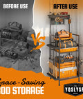Before and after image of garage with Vertical Fishing Rod Holder For Garage Pegboard And Mesh Basket Storage Rack Tackle Gear Organizer For Up To 12 Poles Space Saving Fishing Rod Storage Solution For Rods Gear And Accessories