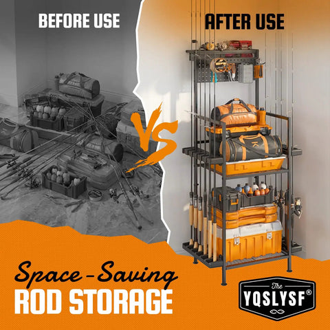 Before and after image of garage with Vertical Fishing Rod Holder For Garage Pegboard And Mesh Basket Storage Rack Tackle Gear Organizer For Up To 12 Poles Space Saving Fishing Rod Storage Solution For Rods Gear And Accessories