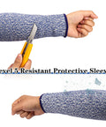 Person wearing blue Level 5 Cut Resistant Arm Sleeves 6 Pairs 31cm Unisex Anti Abrasion Anti Scratch Anti Bite Protection holding knife