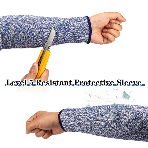 Person wearing blue Level 5 Cut Resistant Arm Sleeves 6 Pairs 31cm Unisex Anti Abrasion Anti Scratch Anti Bite Protection holding knife