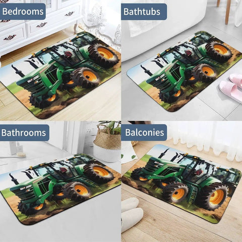 Go-To Farm Tractor Style Diatom Mud Quick Dry Bath Mat with non-slip backing in bedroom, bathtub, bathroom, and balcony settings.