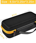 Premium Heavy Duty Portable Air Compressor Storage Case For Tire Inflator And Charging Cables Dope Protection shown with dimensions 8.5 x 3.25 x 3.25 in.