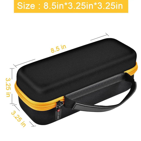Premium Heavy Duty Portable Air Compressor Storage Case For Tire Inflator And Charging Cables Dope Protection shown with dimensions 8.5 x 3.25 x 3.25 in.