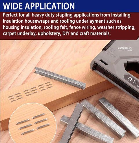 Heavy Duty T50 Staples In 20 Gauge Galvanized Steel With 6000 Pieces Mixed Size Set on wood with a stapler for various applications.