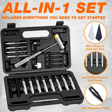 Pro Grade Punch Set Kit With Steel Punches Roll Pin Set Hammer And Organizer Case For Machinery Maintenance And DIY Projects Ideal For Jewelry Watchmaking Engineers Carpenters Bench Block Not Included in open case showing various punches and a hammer.