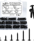 140 Piece Black Wafer Head Wood Screws And Deck Screw Assortment Kit showcasing various black alloy steel self-tapping screws.