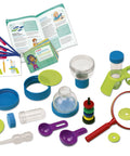 Kids First Science Lab Kit For Preschoolers Ages 3 And Up With 24 Durable Colorful Plastic Tools For Kid Friendly Hands On STEM Learning And Beginner Experiments At Home, showing various plastic tools and experiment cards.