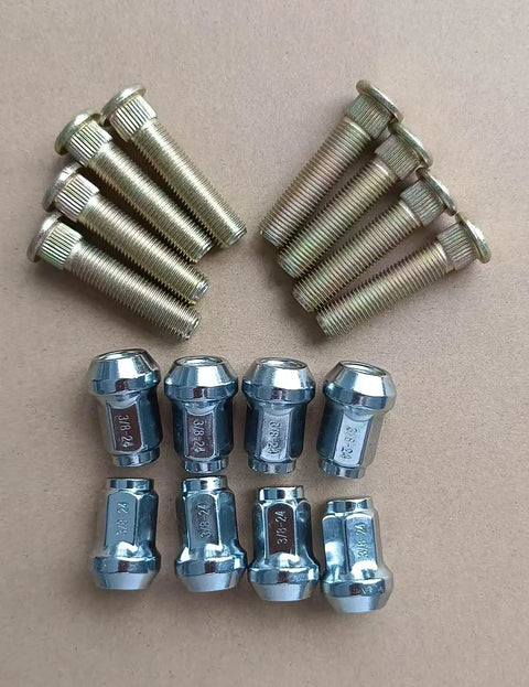 Beefy Front Wheel Studs And Lug Nuts Kit 3/8-24 1.75 Inch Replacement For Polaris RZR 900 XP 900 UTV And RZR 4 800 2010-2014 Front Wheel Bolts Includes 8 Lug Nuts Direct Replacement Kit, showing gold studs and chrome lug nuts on a surface.