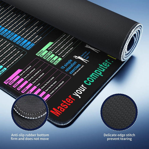 Close-up of Cheat Sheet Desk Pad with Excel and Word Shortcuts, large waterproof anti slip surface, edge stitching detail