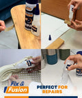 Collage showing Cyanoacrylate Glue And Instant Activator Spray Set used on wood, tile, plastic, and rubber repairs.