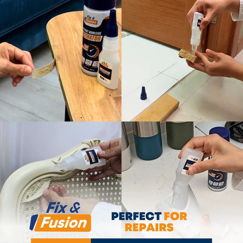 Collage showing Cyanoacrylate Glue And Instant Activator Spray Set used on wood, tile, plastic, and rubber repairs.
