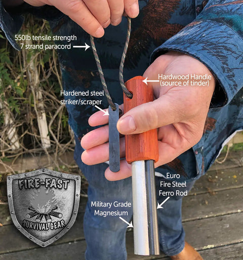 Person holding All Weather Survival Fire Starter With Magnesium Ferro Rod And Euro Ferrocerium, showing paracord and striker