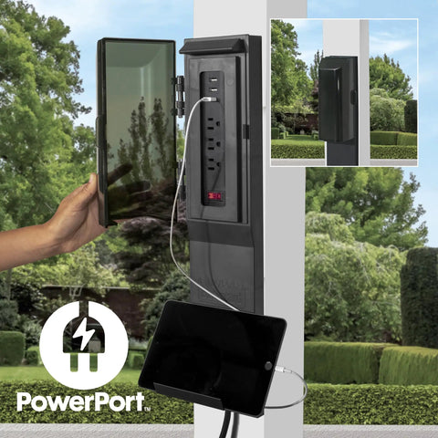 Close-up of PowerPort with outlets and USB ports on Windham 14 Ft By 12 Ft Modern Galvanized Steel Pergola Kit With Shade Sail Canopy
