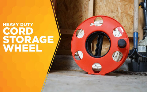 Heavy Duty Cord Storage Wheel Holds 125 Feet Of 16/3 Or 110 Feet Of 14/3 Cord Tangle Free Design in workshop