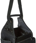 Electrician's Tote Bag With Multi Pocket Layout And Gear Loop, Easy Carry Tool Carrier For Electricians, Heavy Duty Durable Black And Silver shown open with strap