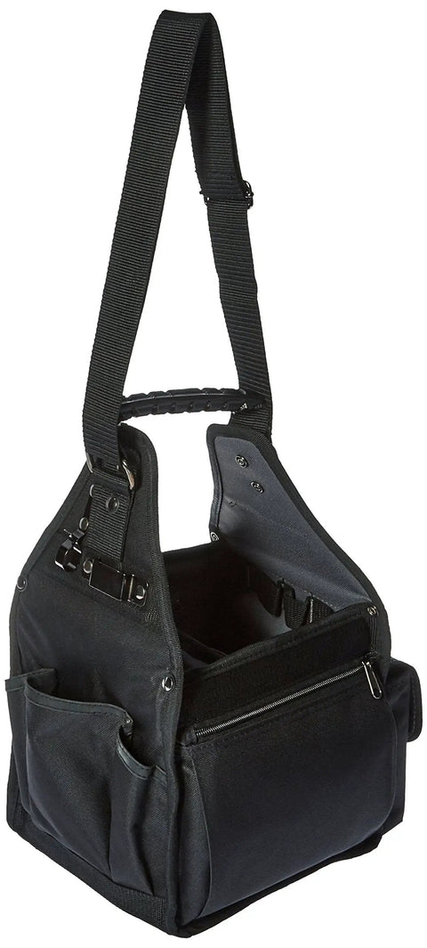Electrician's Tote Bag With Multi Pocket Layout And Gear Loop, Easy Carry Tool Carrier For Electricians, Heavy Duty Durable Black And Silver shown open with strap