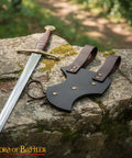 Medieval Leather Sword Frog Holster For Dagger Rapier And Sabre Props Adjustable Handcrafted LARP Costume on mossy rock