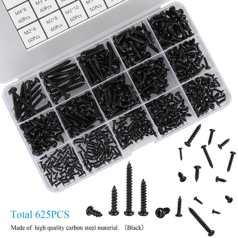 625 Piece Self Tapping Wood Screw Kit With 14 Sizes M2 M3 M4 Phillips Pan Head For Wood Plastic And Soft Metal Carbon Steel