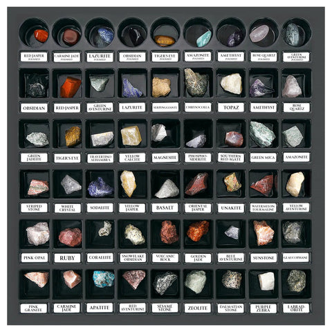 Geology Starter Kit With 54 Piece Rock Collection Including Gemstones Crystals And Minerals Learning Book And ID Cards display