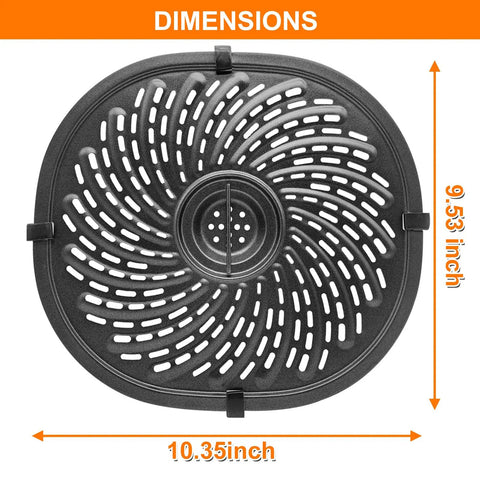 Vortex 7 Qt Air Fryer Replacement Grill Pan Set For Power XL Vortex showing dimensions of 10.3 x 9.5 inch crisper plate