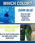 Dark blue and fluorescent yellow dye options for Pool Leak Detector Kit With 8 Oz Blue Dye And Reusable Syringe, high visibility.