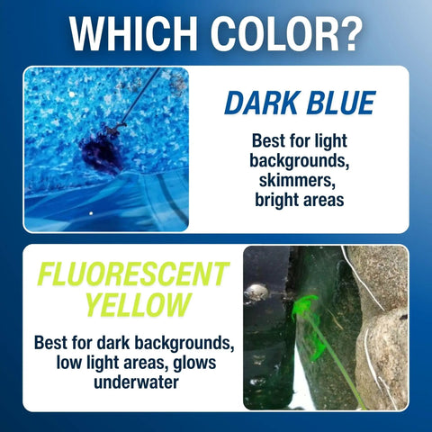 Dark blue and fluorescent yellow dye options for Pool Leak Detector Kit With 8 Oz Blue Dye And Reusable Syringe, high visibility.