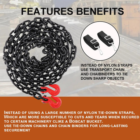 Heavy Duty G80 Grade Transport Binder Chain 3/8 Inch By 20 Feet With Clevis Grab Hooks coiled, showcasing durable links for secure transport.