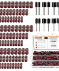 Sunxeke 150-piece sanding drum kit for Dremel tools with 138 aluminum oxide sleeves and 12 drum mandrels in a case.