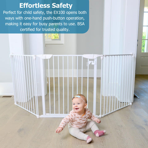 Expandable Extra Wide Baby Gate For Kids And Pets Fits 30 To 90 Inches In Black, shown with a toddler and white safety gate