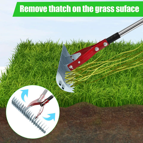 15 Inch Lawn Dethatcher Rake With Steel Handle Pro Grade Heavy Duty Thatch Remover, showing dethatching in progress on grass