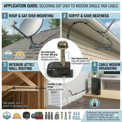 Application guide showing coaxial and Cat6 cable clips with 1/4 inch screws in various settings for secure cable routing.