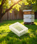 Queen Marker Cage Clip For Beekeeping Plastic Queen Catcher Tool near beehive in garden sunlit scene.