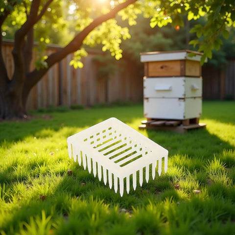 Queen Marker Cage Clip For Beekeeping Plastic Queen Catcher Tool near beehive in garden sunlit scene.