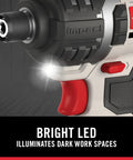 Close-up of Rock Solid Cordless Drill And Impact Driver Combo Kit featuring bright LED for visibility in dark work spaces.
