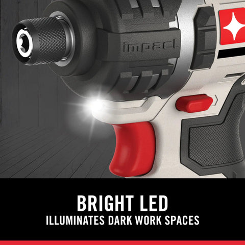Close-up of Rock Solid Cordless Drill And Impact Driver Combo Kit featuring bright LED for visibility in dark work spaces.